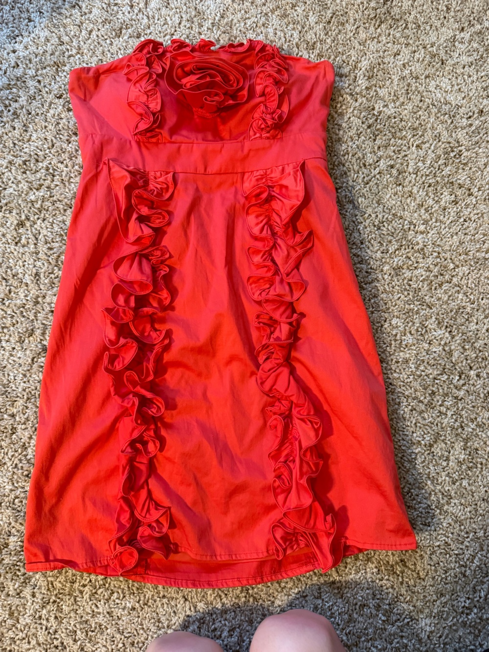 Strapless Red Ruffle-Accent Dress